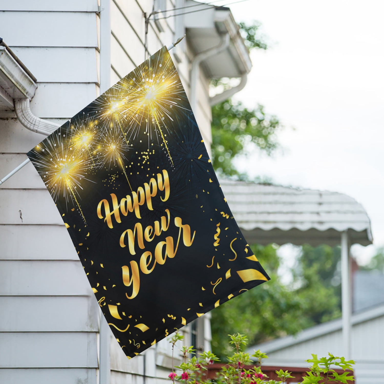 America Forever Happy New Year Golden Confetti House Flag, 28 x 40 inch Double Sided, Fireworks Banner, Black Background Outdoor Decor, Celebration Yard Decorations, Elegant Party Design