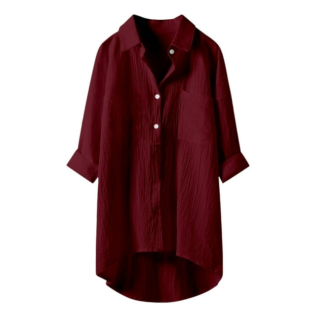Camisa informal de mujer de color liso con cuello y botones, manga 3/4: versátil con vaqueros o faldas, tejido suave y transpirable, talla real.