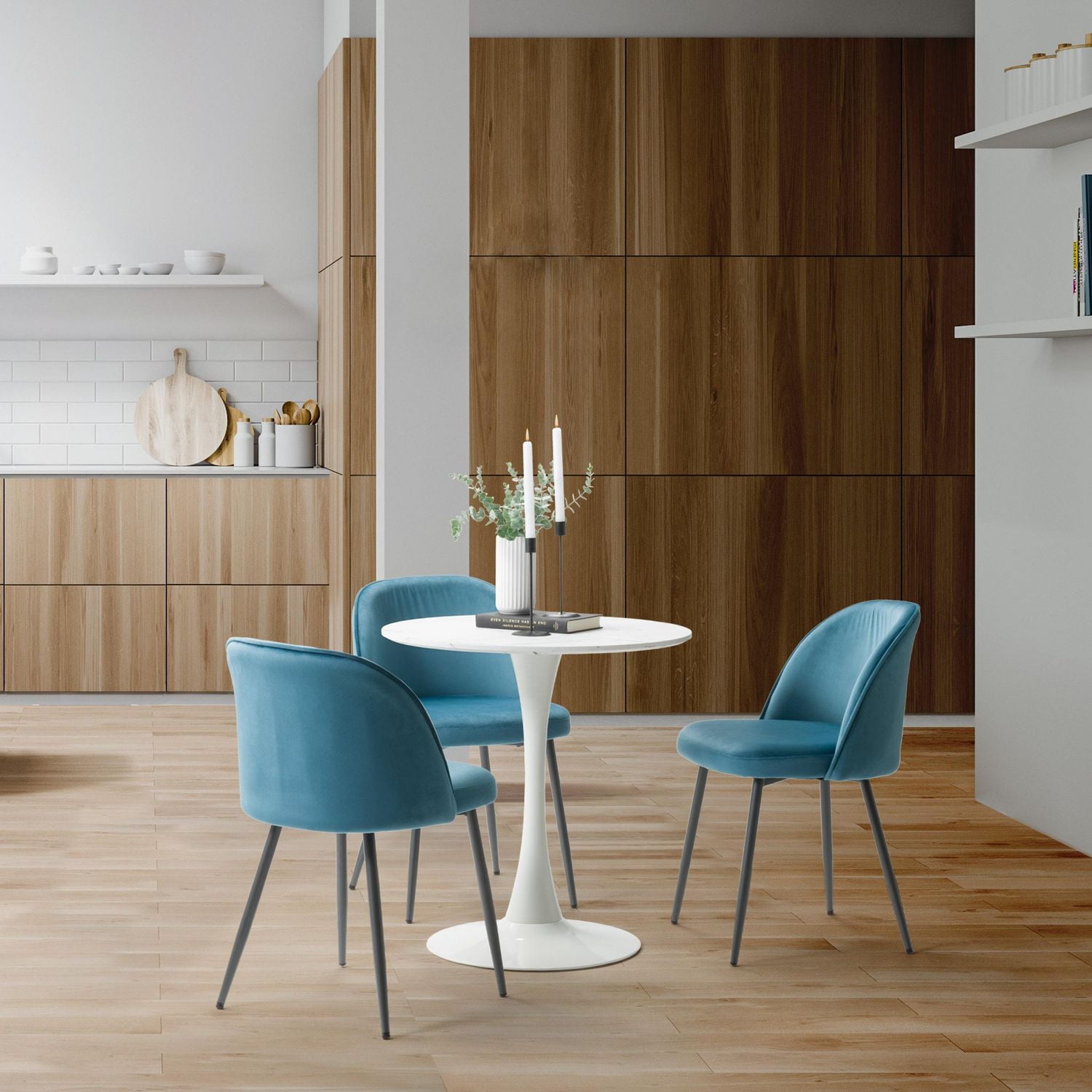 Ensemble de salle à manger d'intérieur CorLiving Ivo, 4 pièces, moderne, rond, blanc marbré, avec chaises rembourrées en velours pour 3 personnes