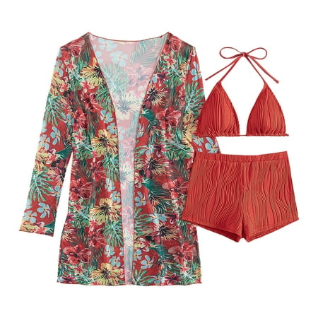 Wiueurtly Bikini Sets for Women Long Sleeve Beach Cover Up Boho Boy Shorts Swimwear Set Bathing Suits Bathing Suit Cover Up Watermelon Red
