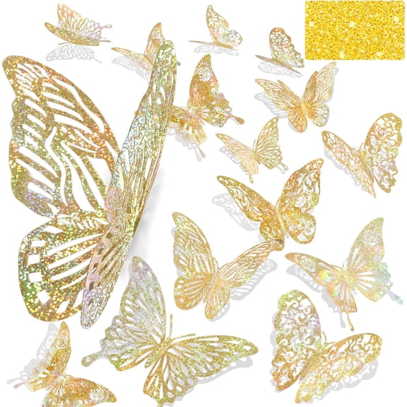 3D Sequined Iridescent Gold Butterfly Wall Decals 60 Pack
