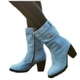 thumbnail image 5 of Leozcaa Denim Mid-Calf Boots for Women Round Toe Chunky High Heel Jeans Blue Side Zipper Ankle Boots, 5 of 9
