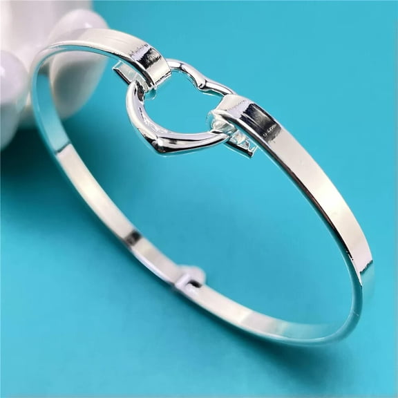 GKNET 925 Silver Heart Bangles Bracelet Women Fashion Open Bangle Jewelry