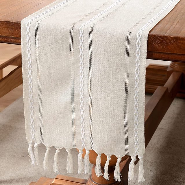Vintage Table Runner with Tassel Wedding Family Dining Table Cloth Decorative Cloth Handmade Woven Farmhouse Cotton and Linen Table Mat