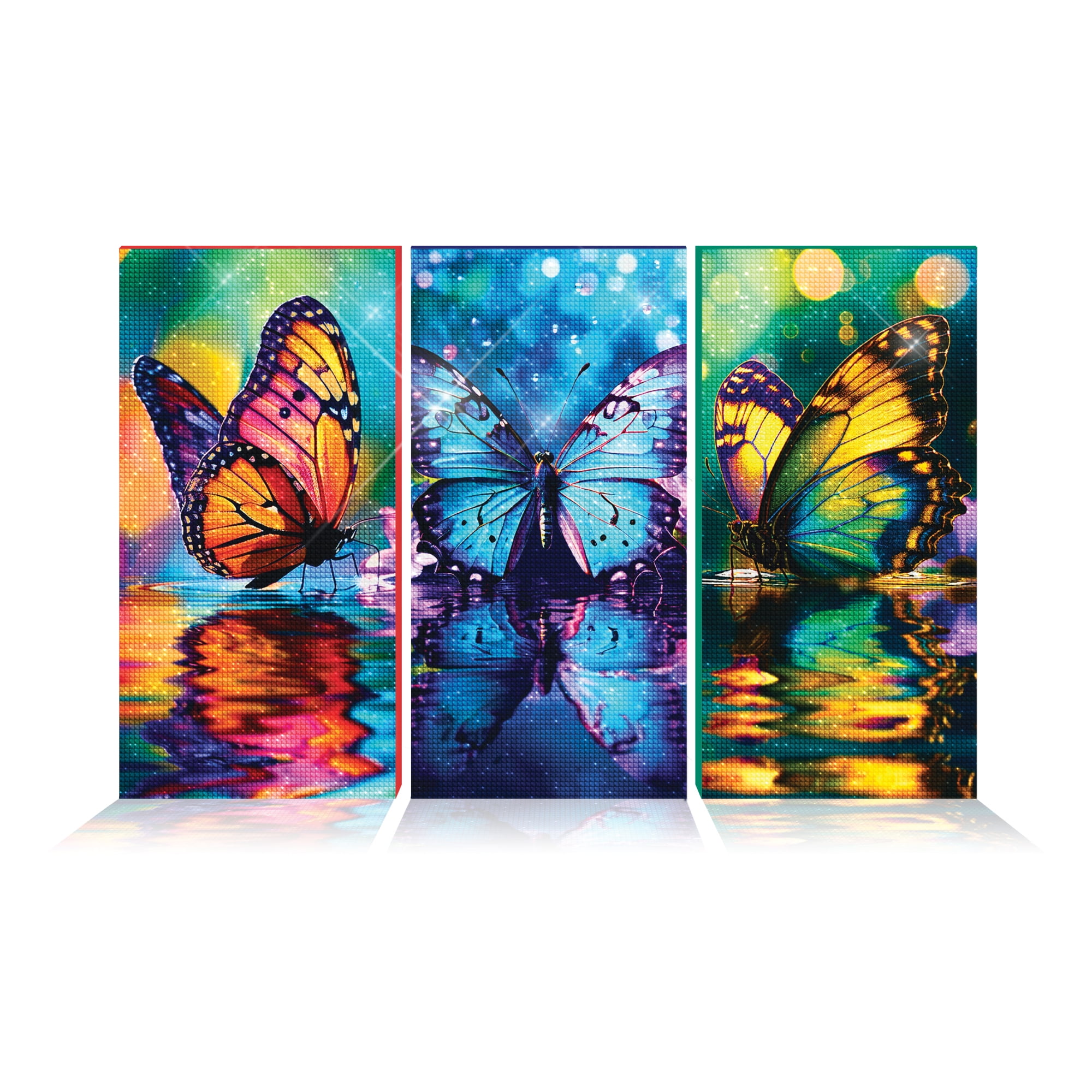 ArtSkills Diamond Painting Kit, Diamond Art Ready to Hang Framed Canvas with Storage and Accessory Kit, Enchanted Butterflies, 3 Stretched Canvas Panels, 14” x 7” Each