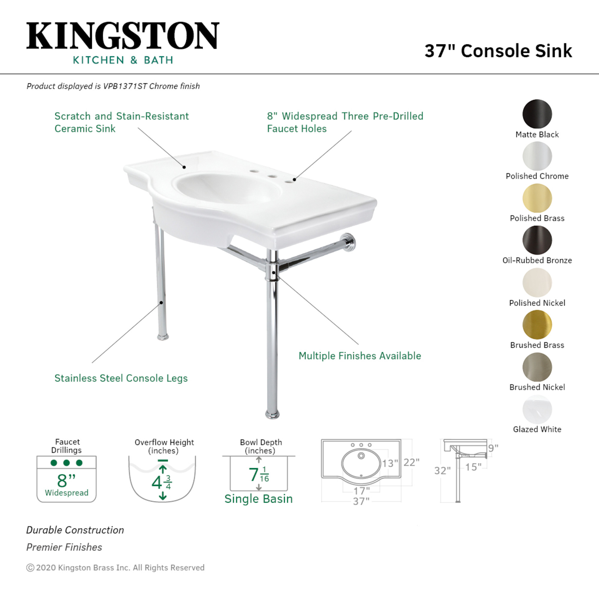 Kingston Brass VPB1377ST Templeton 37" Ceramic Console Sink with Stainless Steel Legs (8-Inch, 3-Hole), White/Brushed Brass
