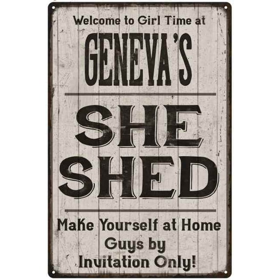 GENEVA'S She Shed Sign Lady Cave Gift 12 x 18 Matte Finish Metal 112180082306