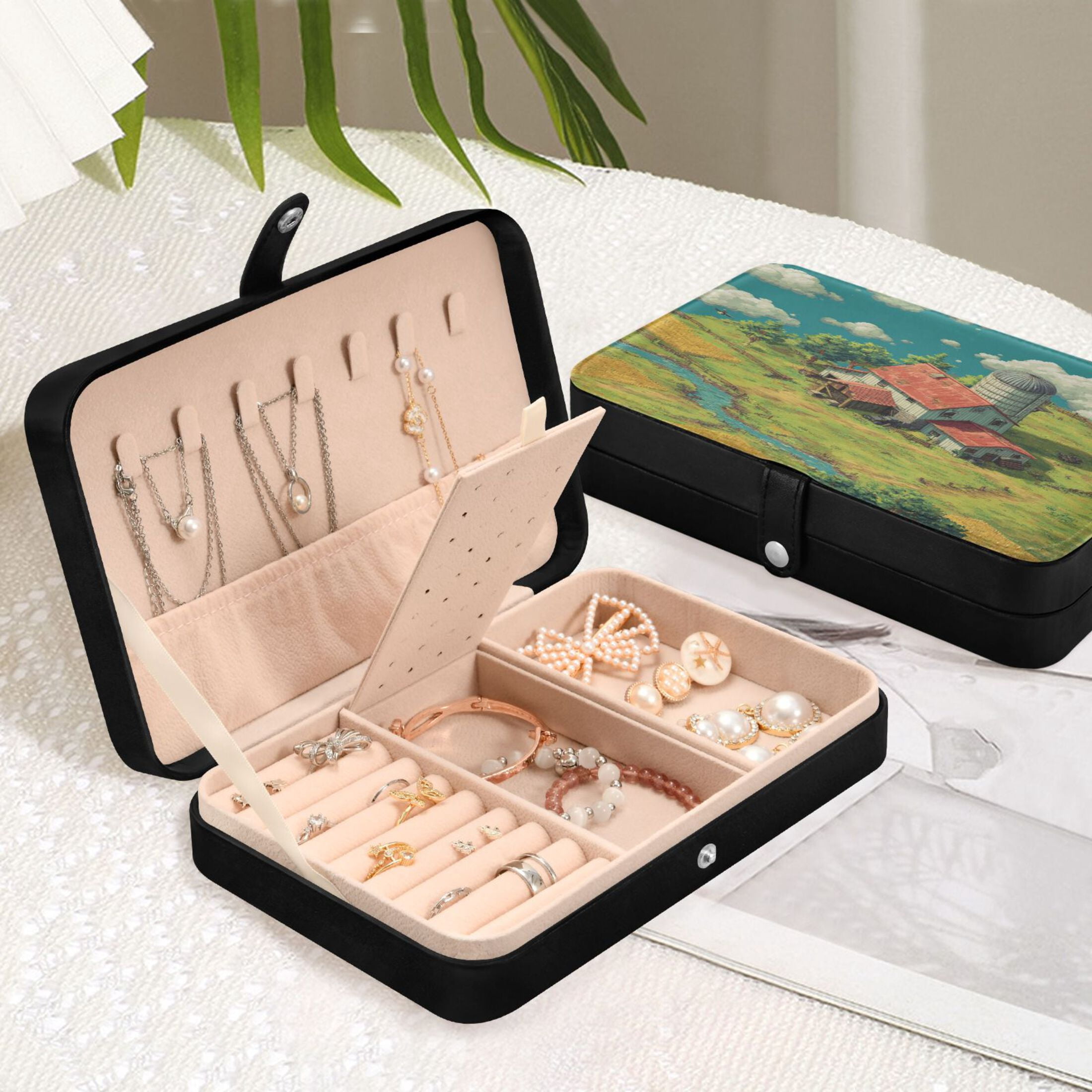 Leather Jewelry Box Rectangular 8.27x5.5x1.78In Travel Jewelry Storage Earrings Necklace Bracelet Watch Brooch Storage Cute Farm