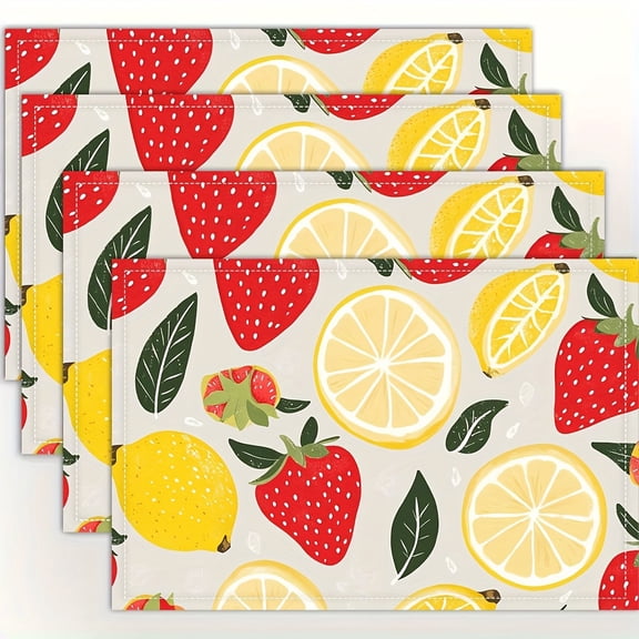 4pcs, Cute Strawberry and Lemon Pattern placemats, fashion print pattern table mat, for dining table, kitchen, party, indoor, holiday, dinner parties and home decor (table mats) 12x18 Inch