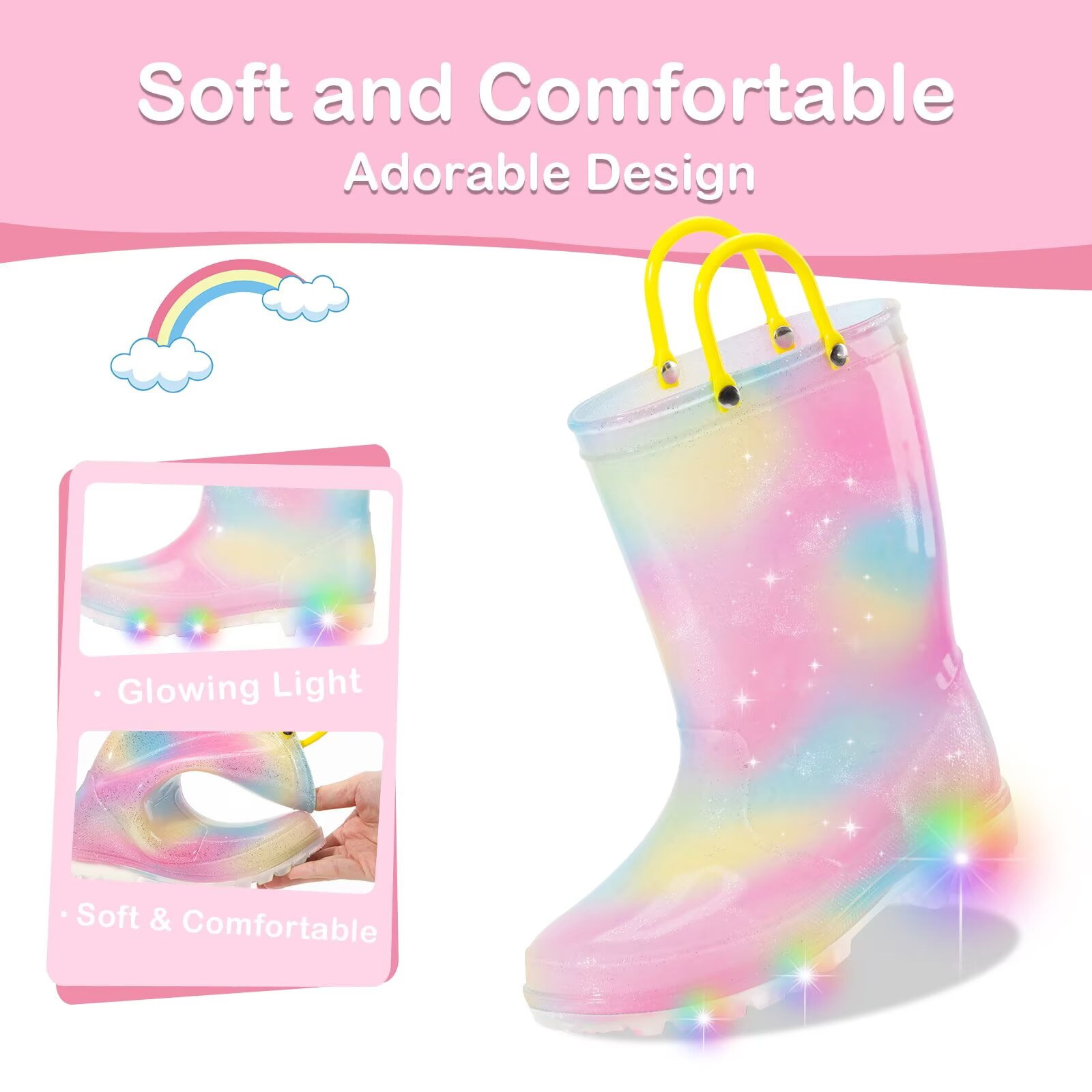 FUNCOO PLUS Toddler Kids Rain Boots Girls Light Up Waterproof Boots with Handles, Ombre, Big Kid Size 3