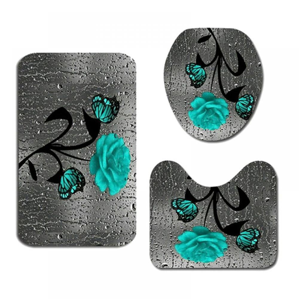 Teal Gray Rose Bathroom Rugs and Mats Sets Bath Rugs for Bathroom U