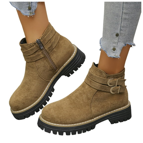 Brown Suede Ankle Boots for Women Comfortable Slip On Short Combat Booties Non Slip Platform Dress Boots