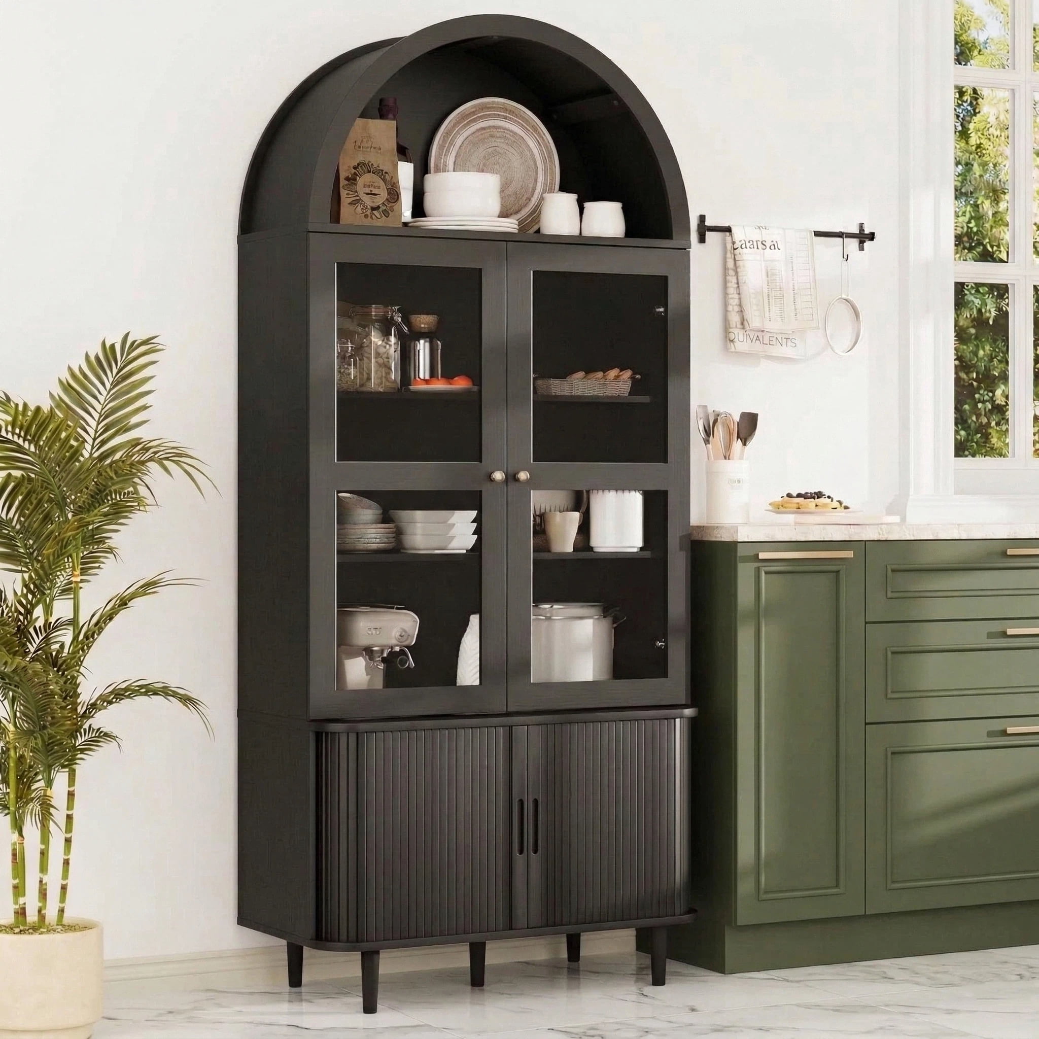 Aisword 71" Tall Arched Bookcases, 5-Tier Modern Farmhouse Bookshelf with Adjustable Shelves & Sliding Doors, Wood Display Storage Cabinet for Living Room, Office, Black Withdoors