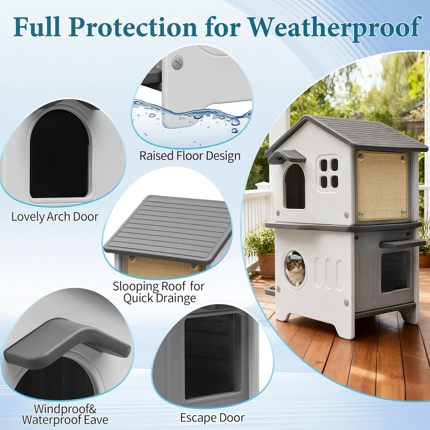 Outdoor Cat House, 2-Story Waterproof Cat House for Outdoor Cats with Escape Door, Elevated Feral Cat House Indoor, Sturdy Stainless Steel Bowl & Scratching Post, Clean Easily
