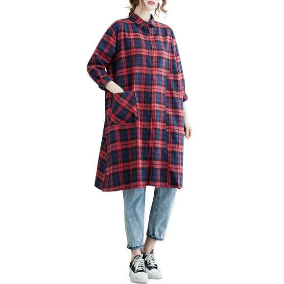 yeacher Red Plaid Oversized Shirt Dress with Side Pockets, Long Sleeve Button-Up Casual Dress for Women, Size XL (3020#)