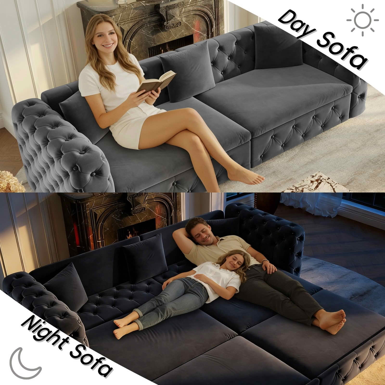 MAYEERTY 89" 4‑Seater 3‑in‑1 Pull‑Out Velvet Sofa Bed, Classic Tufted Multifunctional Couch with 3 Throw Pillows for Apartment & Living Room
