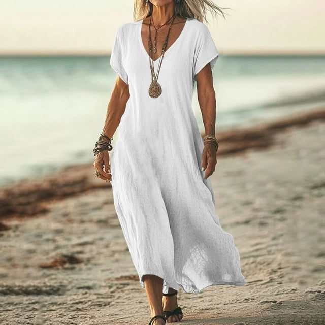 SEAOPEN Robes d'Été pour Femmes Col en V Tendance 2025 Vacances Décontractée Grande Taille Robe Midi Boho Fluide T-Shirt Longues Robes Blanc,G