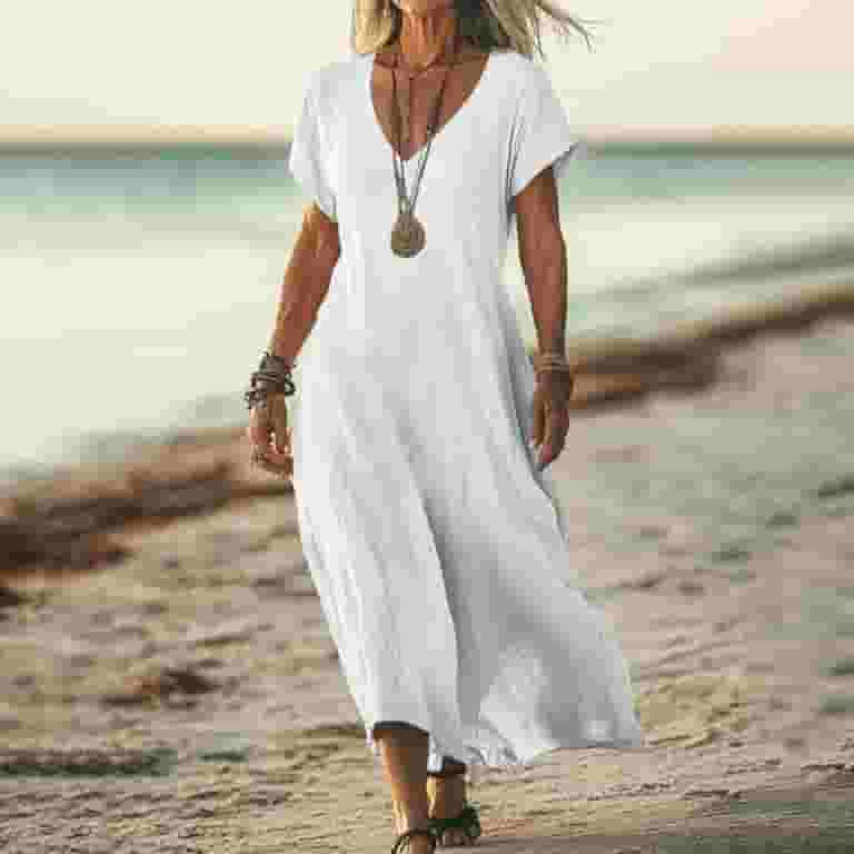 Linen Maxi Dress Womens Summer Beach Fashion Outfits Short Sleeve