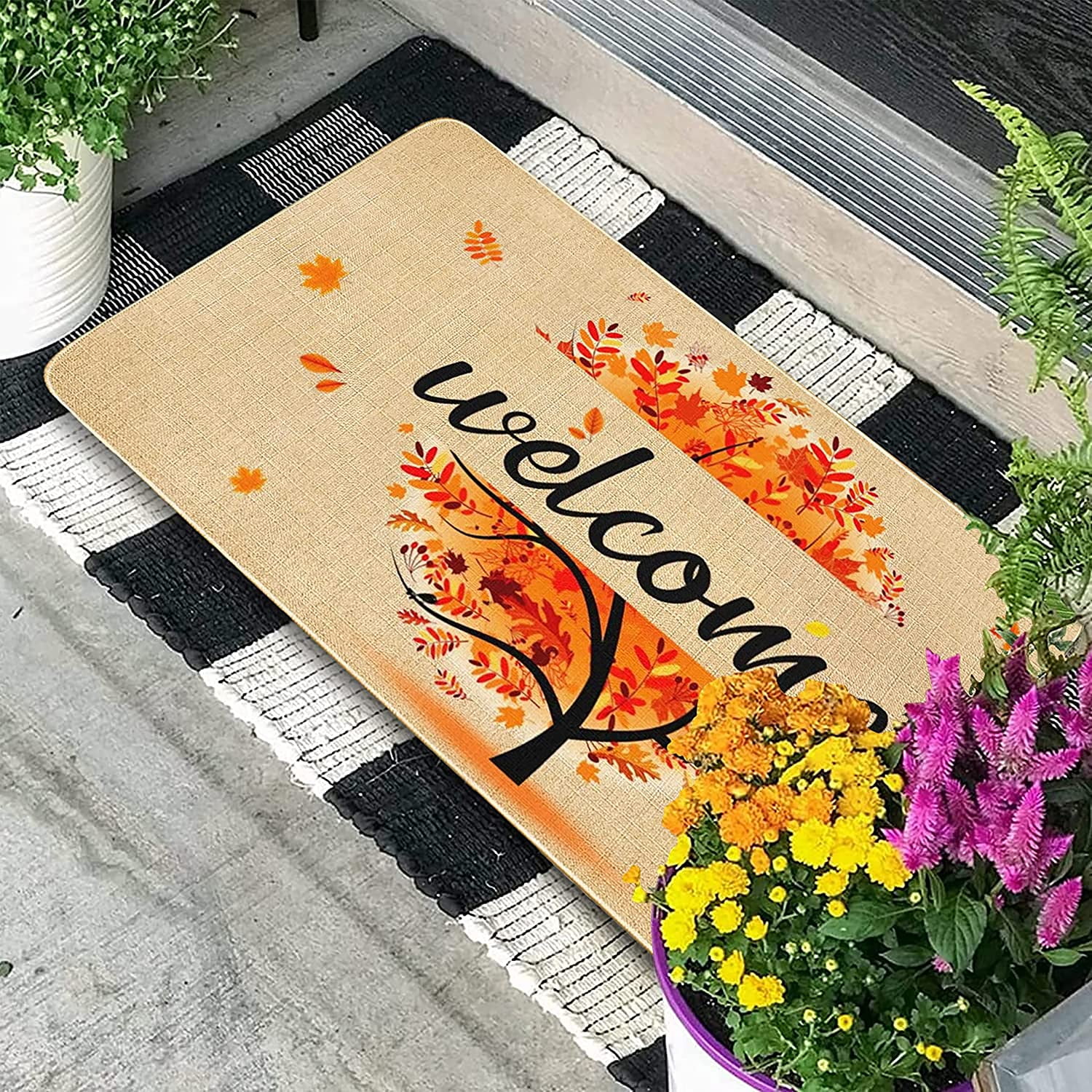 Fall Welcome Front Doormat, Orange Floral Tree Decor Floor Mat Autumn Rubber Non-Slip Reusable Entrance Door Mat Gift Indoor Decoration Supplies Home Decorations Outdoor Mats 17x30"