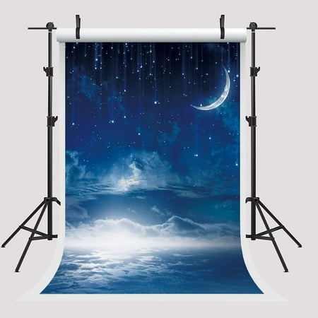HelloDecor Polyster 5x7ft Sky Night Backdrops Photography Star Moon Cloud Winkle Free Photo Booth Props for