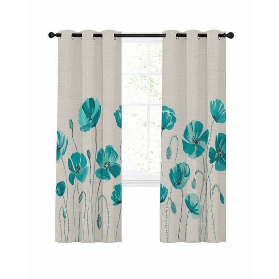 Teal Floral Blackout Curtains for Bedroom Living Room, Watercolor Autumn Turquoise Wildflowers Plant 72 In Long Thermal Insulated Room Darkening Drapes Grommet Window Treatments, 52 x 72 In