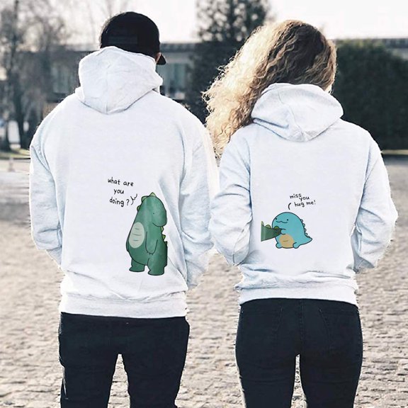 Women's Hoodies Sweatshirts Matching Dinosaur Pullover Sweatshirt for Couples Unisex Cozy Hoodie for Lovers Anniversary White XXL