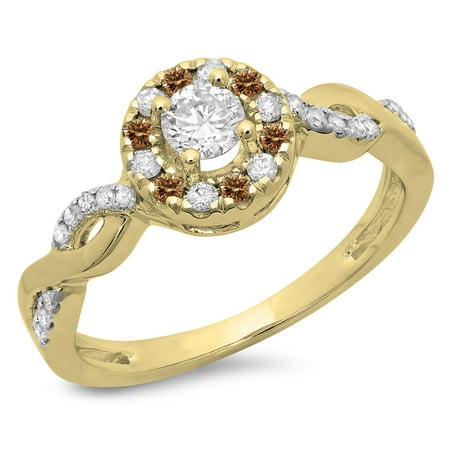 0.55 Carat (ctw) 18K Yellow Gold Round Cut Champagne & White Diamond Ladies Swirl Bridal Halo Engagement Ring 1/2 CT