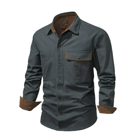 Holloyiver Jackets for Men Casual Dress Shirt Button Down Shirts Long-Sleeve Denim Work Shirt Single-Breasted Turn Down Collar Jacket Gray