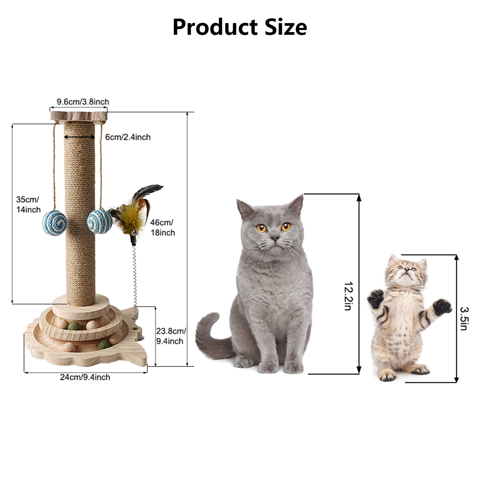Cat Scratching Post - 4 in 1 Wooden Cat Scratcher Toy, 18" Tall Scratch Post with 2 Level Cat Track Balls, 2 Interactive Feather Toys and 2 Sisal Hanging Balls for Indoor Kittens, Adult Cats, Gifts