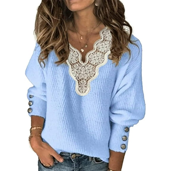 CoCopeaunts Womens Long Sleeve Knit Sweater Fall Lace Crochet Soft Lightweight Ribbed Cuffs Pullover Winter Jumper Tops