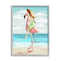 Beach Woman Riding Pink Flamingo Tall Tropical Bird 11 in x 14 in Framed Painting Art Prints, by Stupell Home Décor