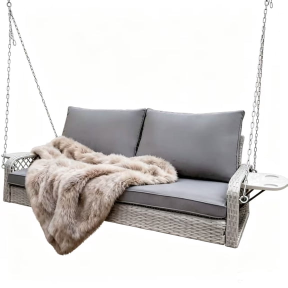 Grey 2-Seat Wicker Porch Swing Chair with Side Table, Heavy Duty 700lbs Outdoor Patio Hanging Lounge
