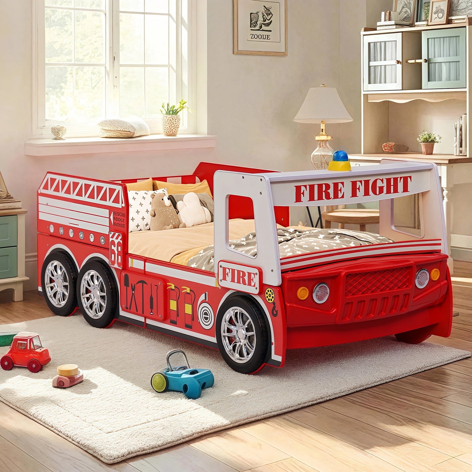 Twin Size Fire Truck Bed for Kids - Red Wooden Platform Frame with LED Lights, Wheels & Slat Support ,No Box Spring Needed