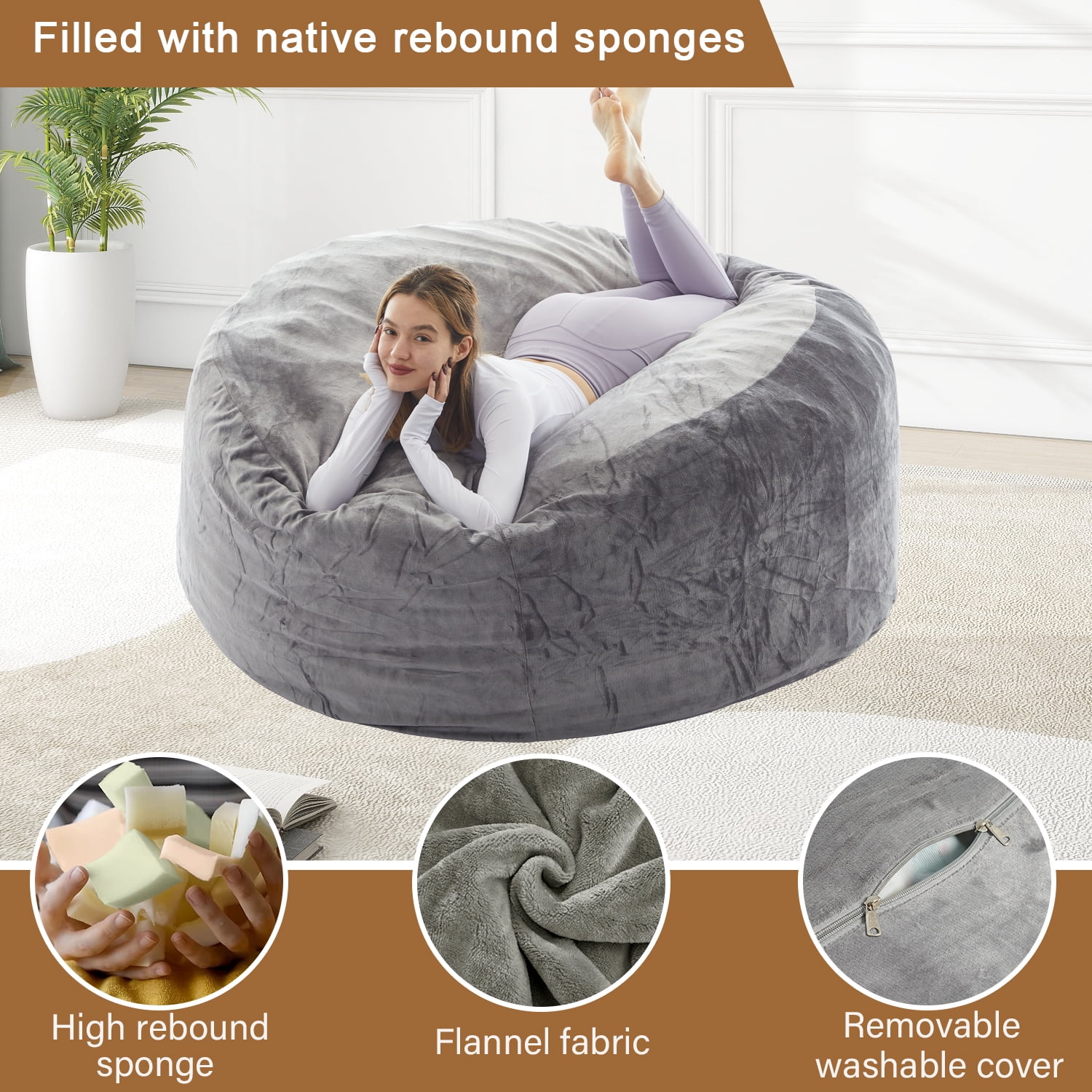 LaoGeoRon 3ft Bean Bag Chair for Adults with Filling,Memory Foam Lazy Beanbag Sofa with Removable Washable Flannel Cover