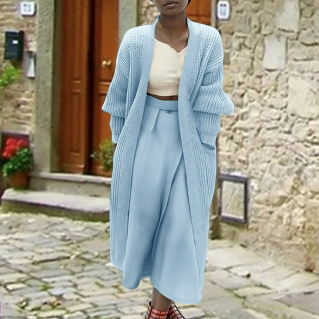 LOVZFMLL Cardigan for Women's Fashion Solid Color MIDI Style Knit Cardigan Big Pocket Coat