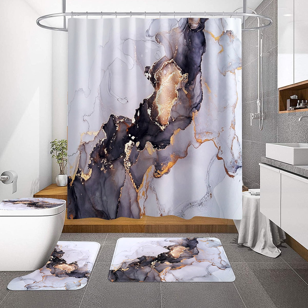 Gibelle 4 Pcs Bathroom Shower Curtain Set with Non-Slip Rugs, Toilet Lid  Cover and Bath