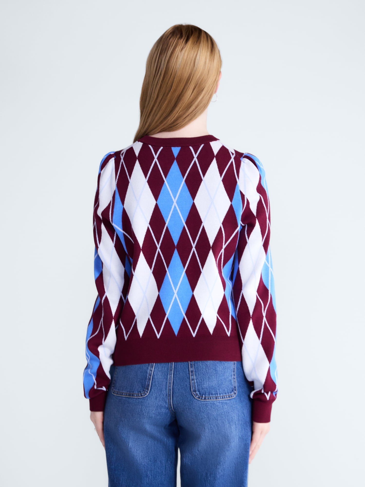 Free Assembly Women's and Women’s Plus Argyle Sweater with Puff Sleeves, Midweight, Sizes XS-XXL