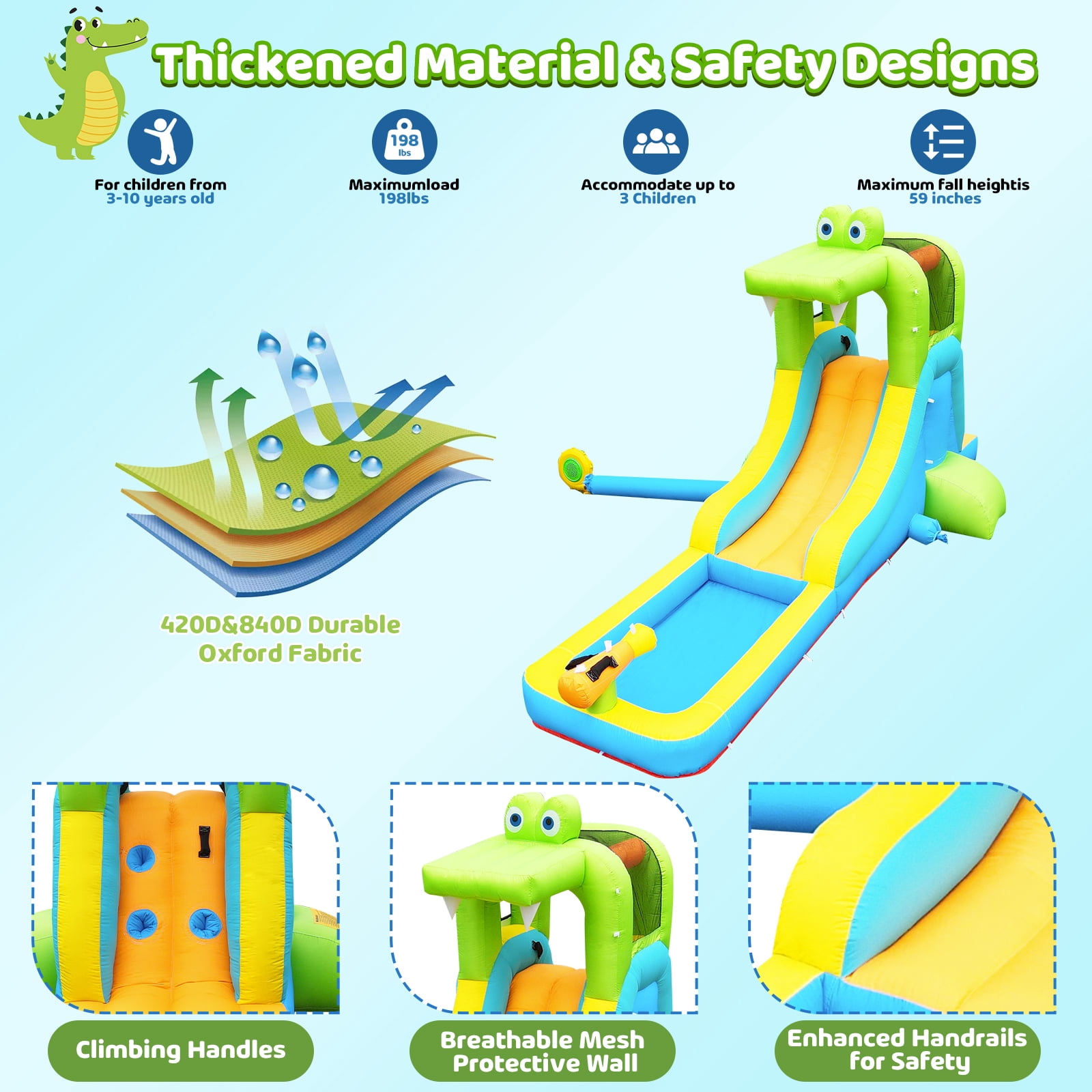 NBSPORT Inflatable Crocodile Water Slide & Bounce House for Outdoor Backyard, with Climbing Wall, Splash Pool, Water Cannon & Blower for Kids