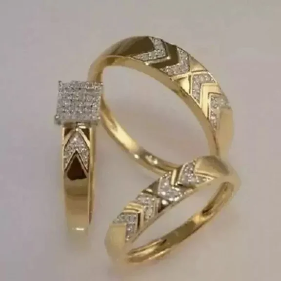 Aishvi Jewels His Her 2 Ct Round Cut Lab Created Diamond Bridal Wedding Trio Ring Set 14K Yellow Gold Plated