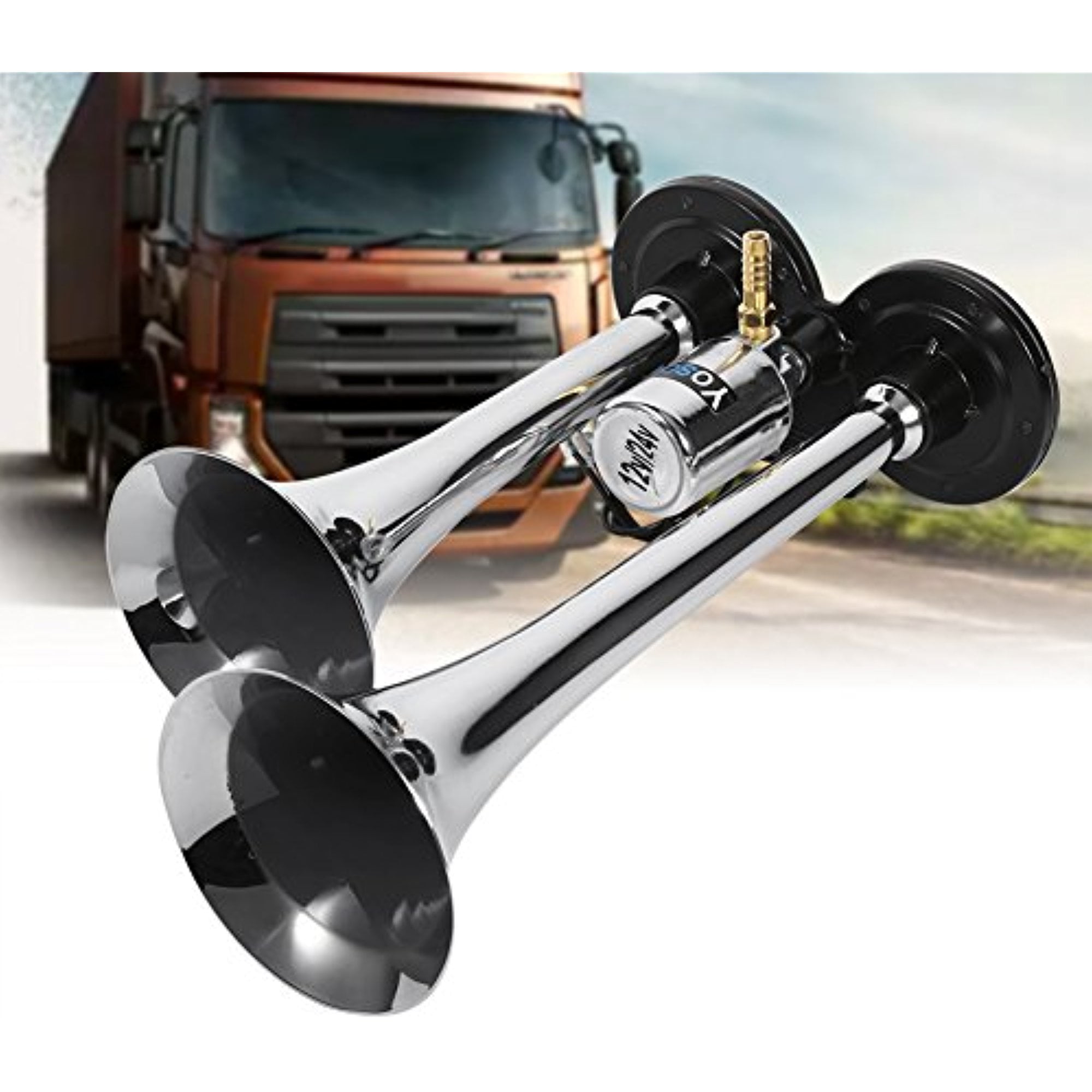 Dual Trumpet Air Horn Chrome 12V/24V 150db Super Loud Trumpet Air Horn with Electric Valve Flat Base for Truck Lorry Boat Train