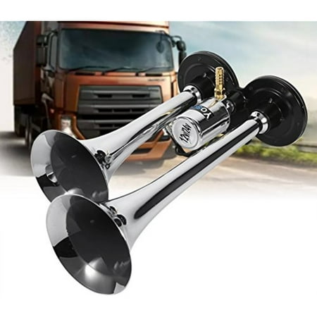 Dual Trumpet Air Horn Chrome, 12V/24V 150db Super Loud Trumpet Air Horn with Electric Valve, Flat Base For Truck Lorry Boat