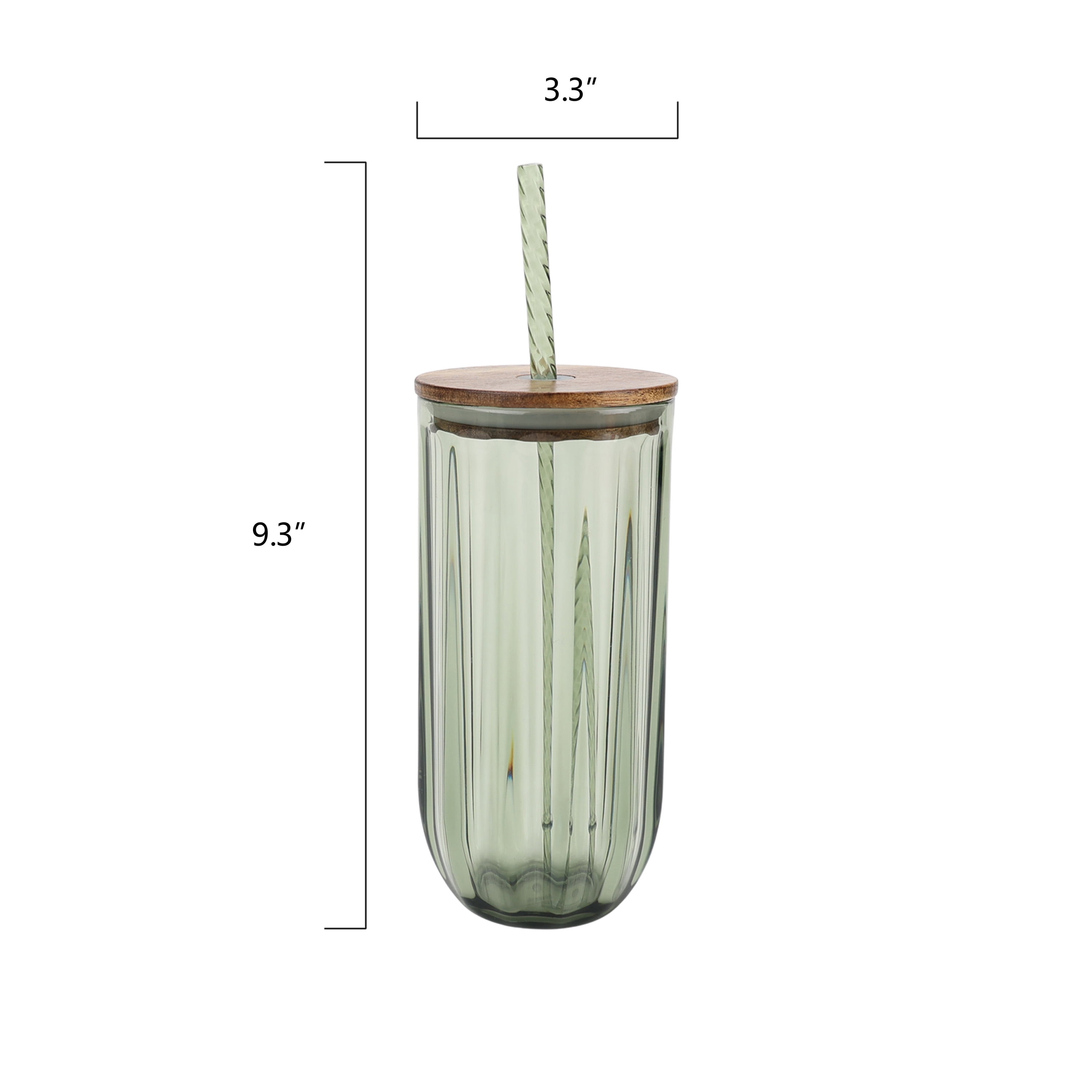 Better Homes & Gardens 4-Piece 21-Ounce Tritan Plastic Sipper and Straw with Acacia Wood Lid Set, Green