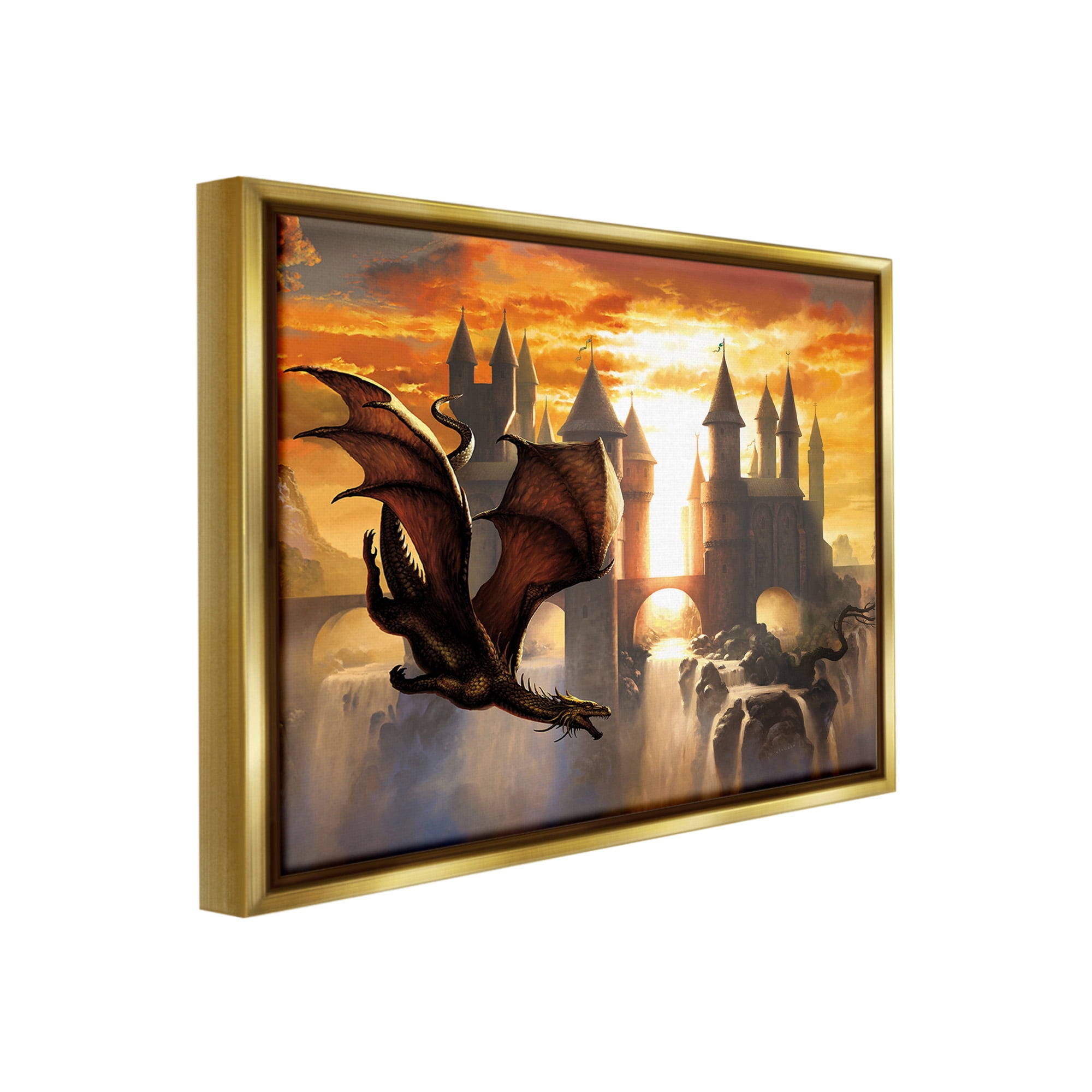 Stupell Industries Dragon & Castle Waterfall Fairy Tales & Fantasy Painting Gold Floater Framed Canvas Art Print Wall Art, 31 x 25