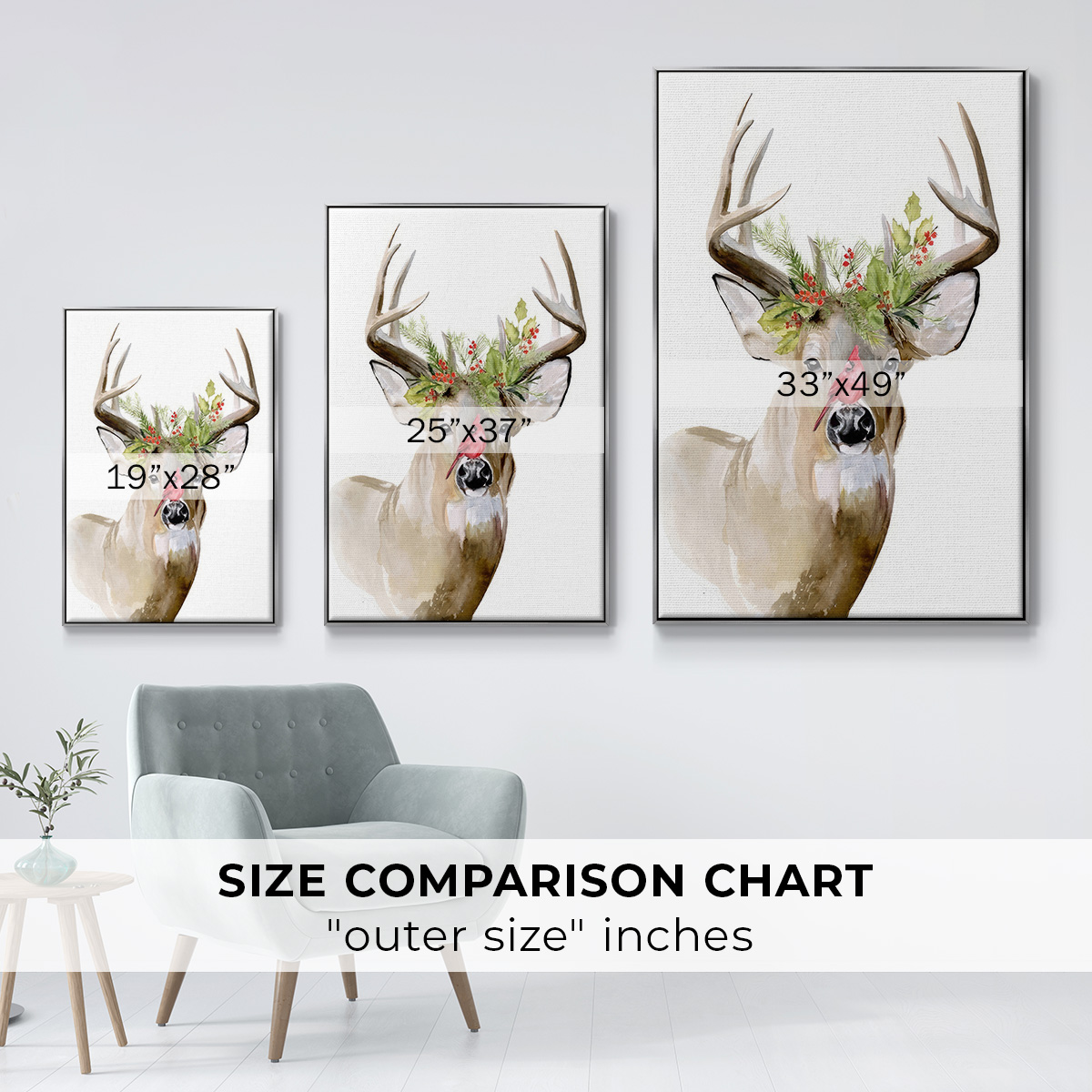 Holiday Deer II - Framed Gallery Wrapped Holiday Canvas - 17 x 25 - Silver Frame