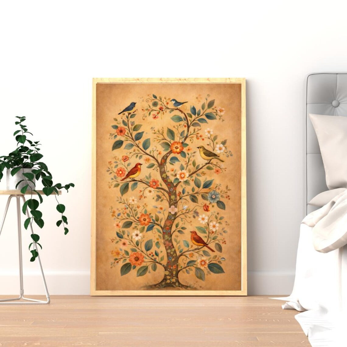 Floral Tree And Bird Wall Art Print Vintage Botanical Garden And Cottagecore Nature Decor