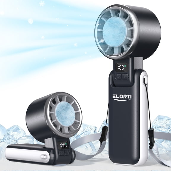 ELORTI Portable Handheld Turbo Fan with Ice Cooler, 5 Gear Wind, Up to 12 Working Hours, 3 IN 1 Rechargeable Personal Cooling Fan with LED Display for Outdoor Activities, Travel, Beach (Black)