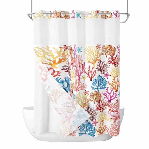 Coastal Coral No Hook Shower Curtain with Snap in Liner, Waterproof Fabric Shower Curtains, Summer Ocean Marine Coral Starfish Watercolor Shower Curtain Set Top See Through for Bathroom 60"x72"