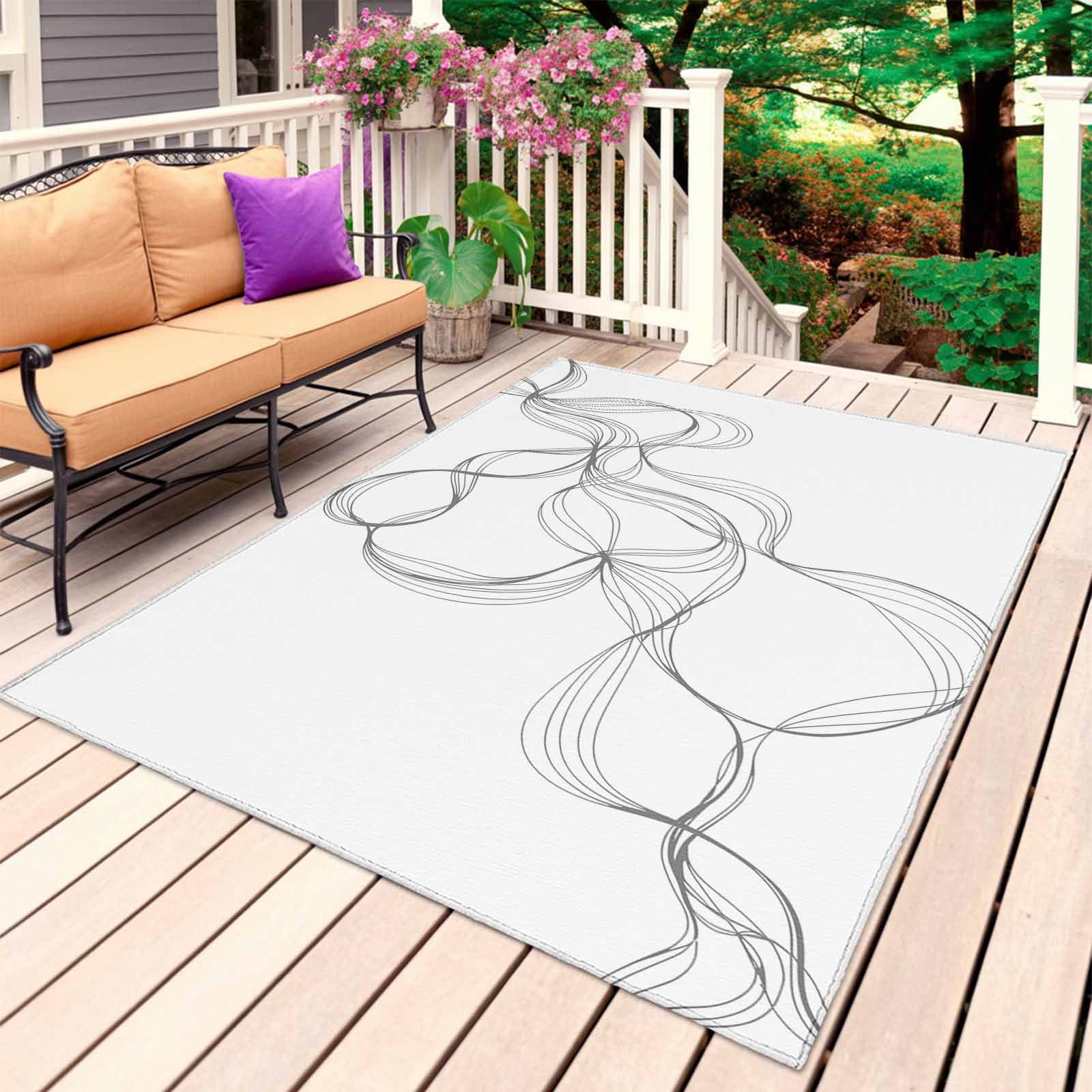 Outdoor Rug 3x5 ft White Twisted Lines Outdoor Large Area Rug Non Slip Rubber Abstract Art Front Door Mat RV Rug Camping Carpet Patio Outdoor Rugs for Backyard Balcony Deck Porch Indoor