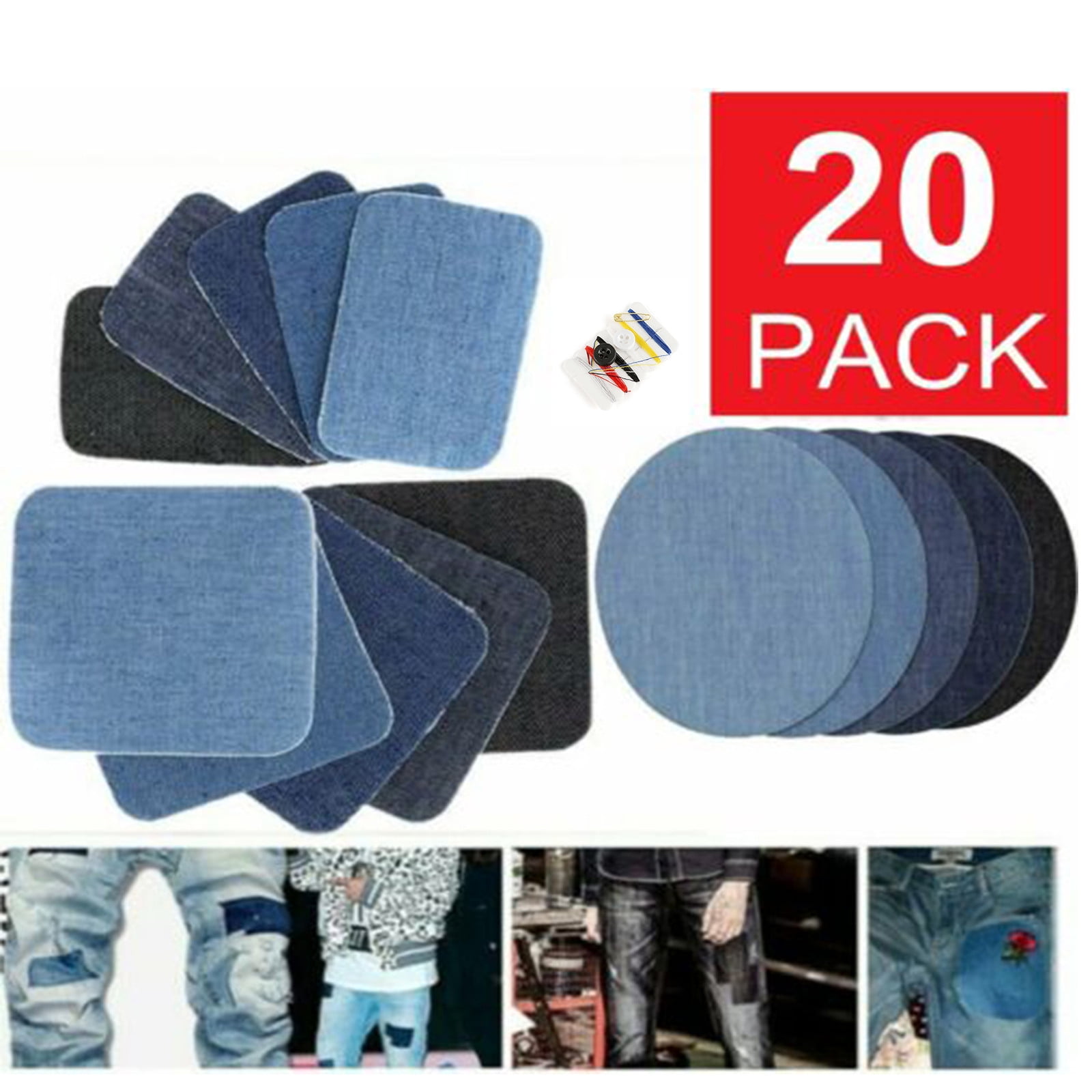 NOIR & Foncé Bleu Clair Colous 24pcs Fer Sur Jeans Denim Repair Patches 