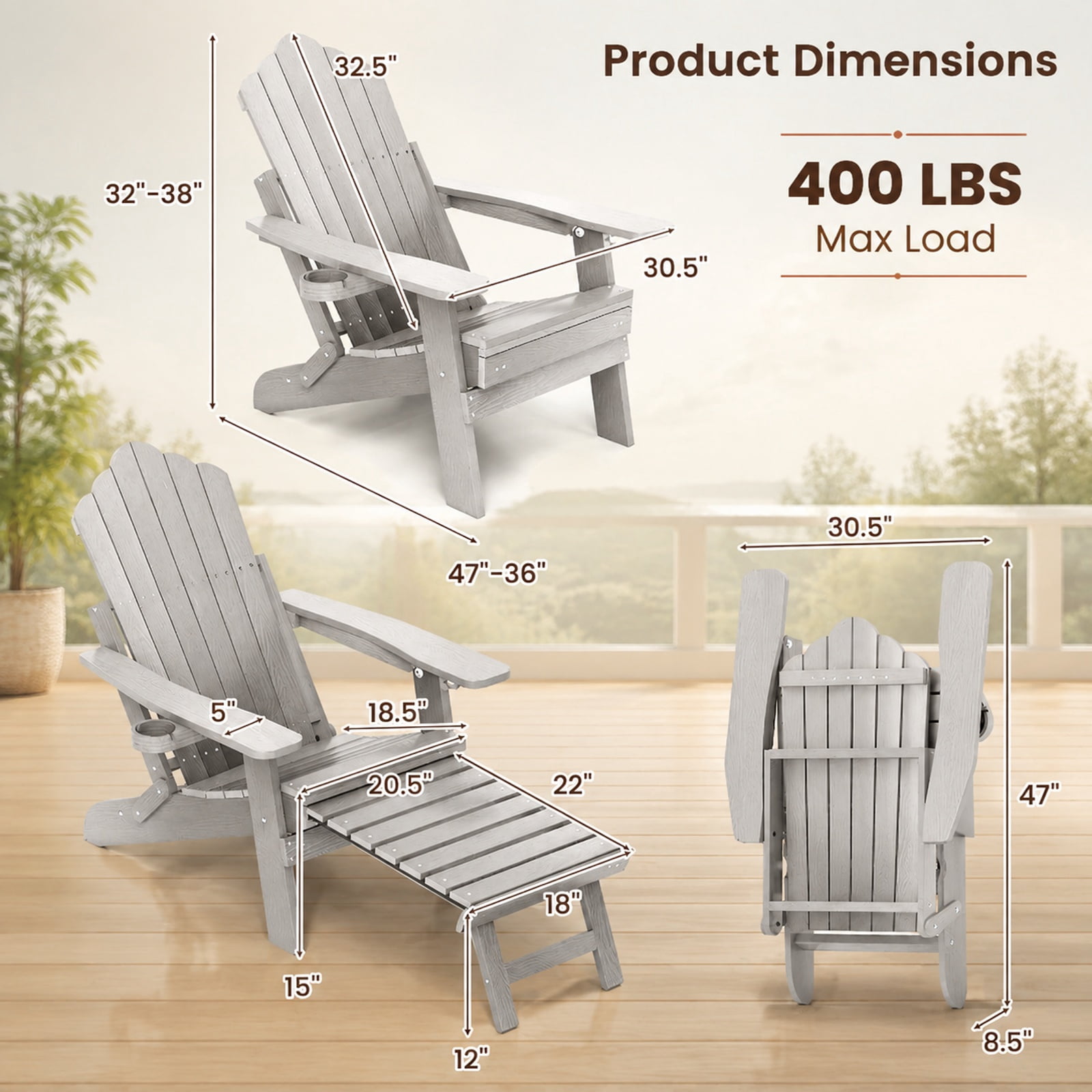 Furnibear All Weather HIPS Folding Adirondack Lounge Chair with 4 Position Backrest Retractable Footrest and Cup Holder for Patio Lawn Garden, Gray